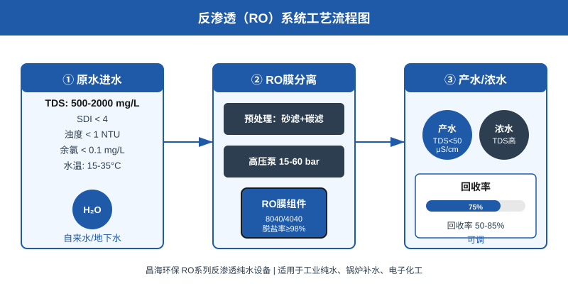 反渗透RO系统工艺流程图：展示原水进水、预处理、高压泵、RO膜分离以及产水浓水输出全流程