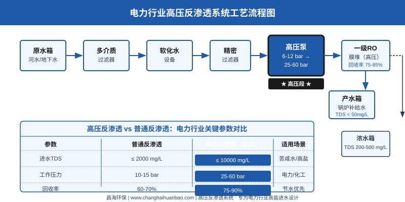 电力行业高压反渗透系统工艺流程,含高压泵、RO膜堆、软化水预处理环节