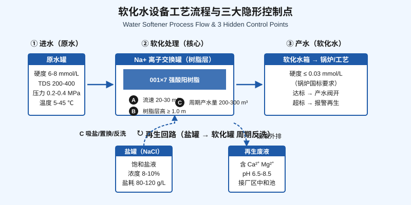软化水设备工艺流程示意图,展示进水-软化罐-产水三大环节及流速、树脂层高、周期产水量三个隐形控制点