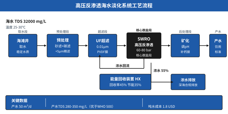 高压反渗透海水淡化系统工艺流程图,含关键运行数据
