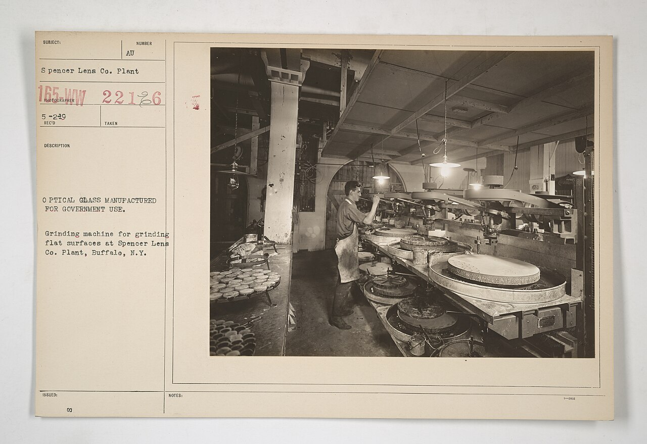 Optical glass grinding workshop historical photo NARA public domain
