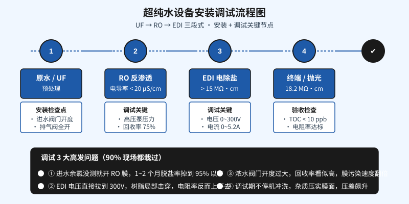 超纯水设备安装调试流程图:UF到RO到EDI三段式节点及3大调试问题