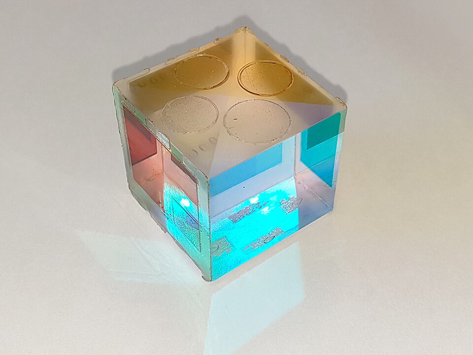 A glass optical prism from a projector used in optical lens manufacturing
