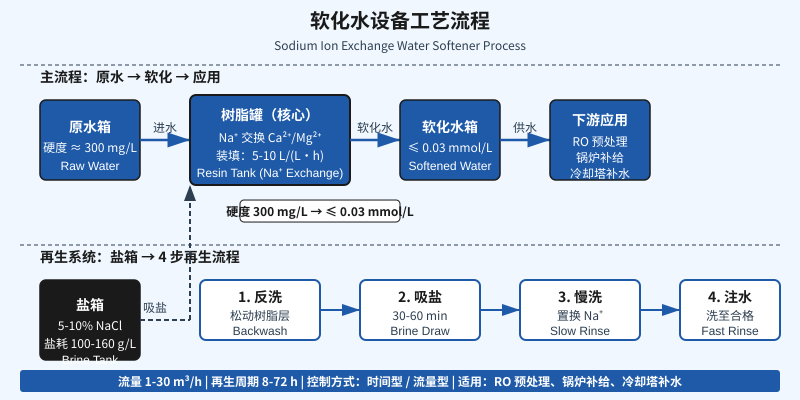 软化水设备工艺流程图:原水经钠型树脂罐交换后硬度从300mg/L降至0.03mmol/L以下