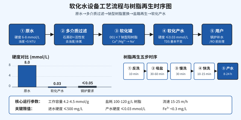 软化水设备工艺流程图：原水经多介质过滤后进入钠型树脂罐置换钙镁离子，盐箱定期再生