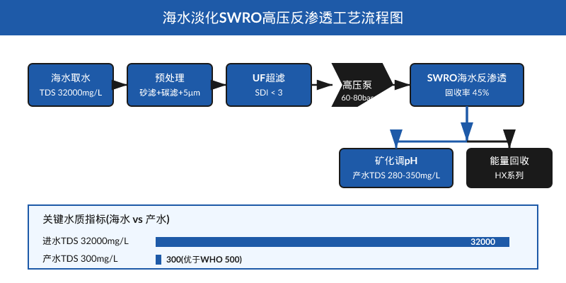 海水淡化SWRO高压反渗透工艺流程图展示取水预处理到能量回收全流程