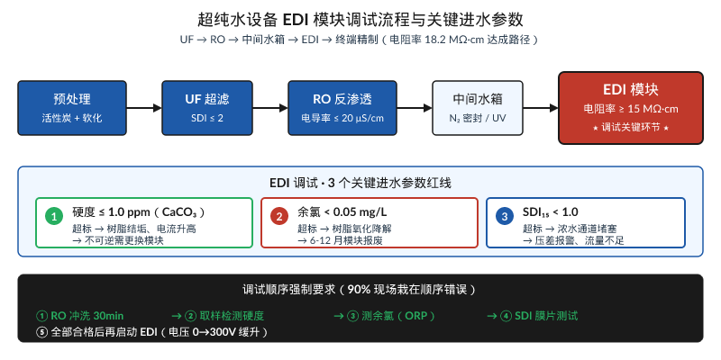 超纯水设备EDI模块调试流程与3个关键进水参数控制示意图