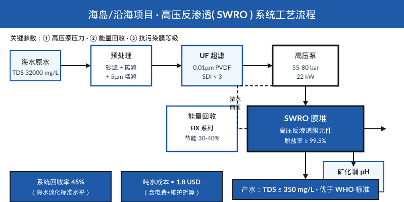 海岛与沿海项目高压反渗透 SWRO 系统工艺流程图,标注关键选型参数