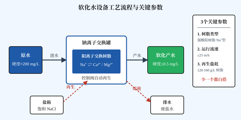软化水设备工艺流程图：原水经钠离子交换树脂吸附钙镁硬度离子后产水硬度降至0.5 mg/L以下，配以自动再生盐箱系统