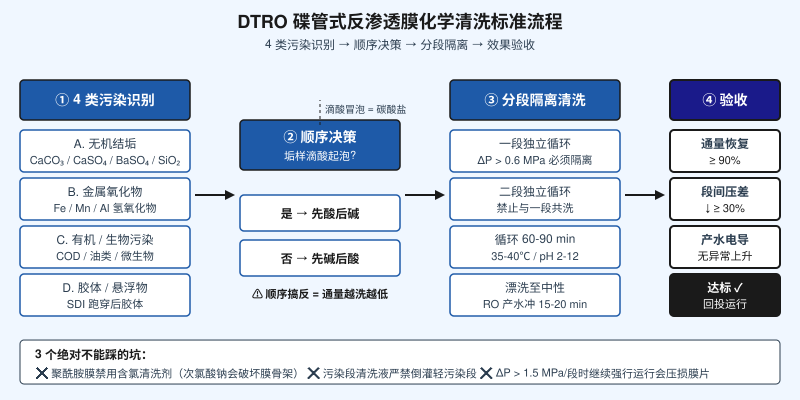 DTRO 碟管式反渗透膜化学清洗标准流程:4 类污染识别→顺序决策→分段隔离清洗→效果验收 4 步示意图