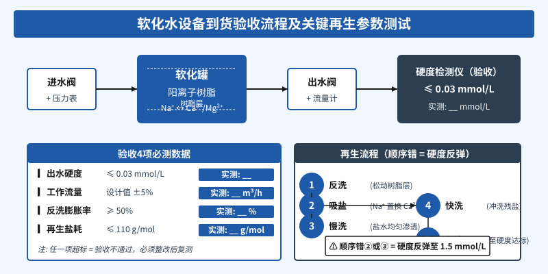 软化水设备到货验收现场出水硬度测试与再生流程示意图,包含反洗、吸盐、慢洗、快洗、正洗5步流程