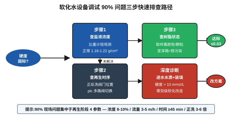 软化水设备调试三步排查路径示意图,标注盐液浓度、再生时序、树脂状态