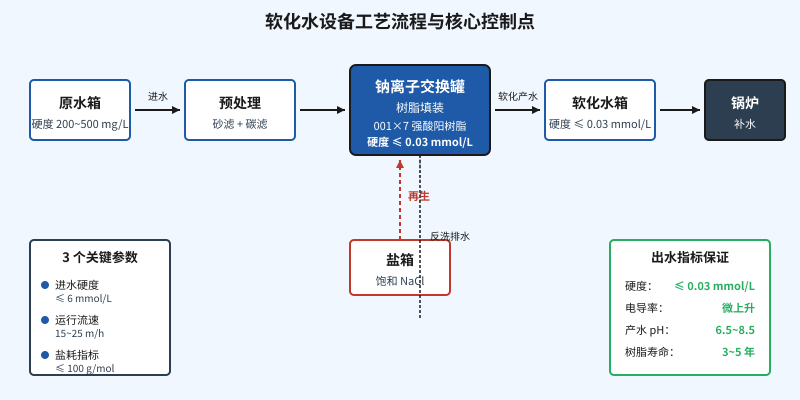 软化水设备工艺流程图:钠离子交换树脂软化原理与关键参数示意