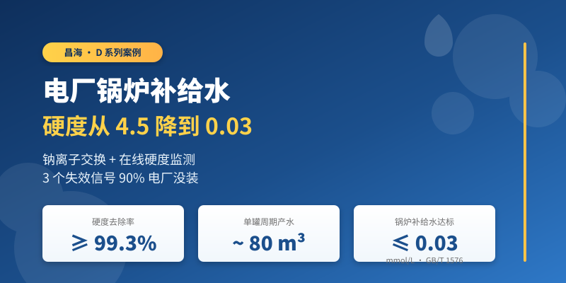 电厂锅炉补给水硬度4.5降到0.03：昌海D系列软化器3个90%项目漏装的失效信号