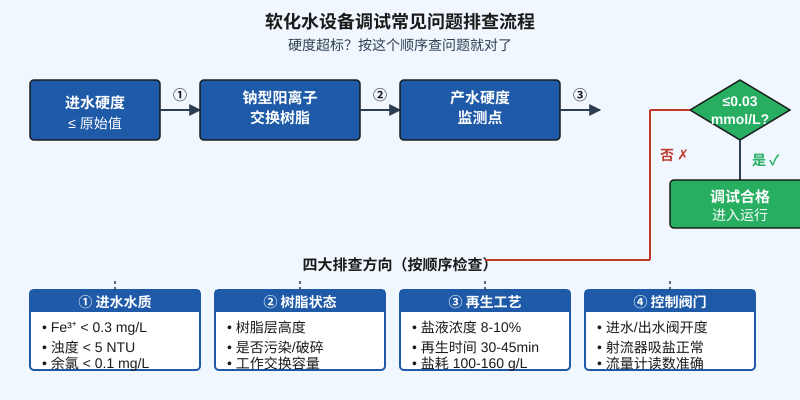 软化水设备调试硬度超标排查流程图:进水→树脂→产水监测→四大排查方向