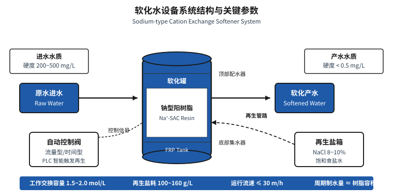 软化水设备系统结构示意图,展示原水进水、钠型阳树脂软化罐、再生盐箱与自动控制阀