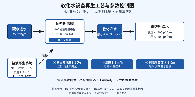 软化水设备再生工艺与三大参数控制图，展示硬水进水、钠型树脂罐、软化产水、锅炉补给水完整流程，以及8-10%再生液浓度、3-5 m/h流速、≥1.0m树脂层高度三个关键参数
