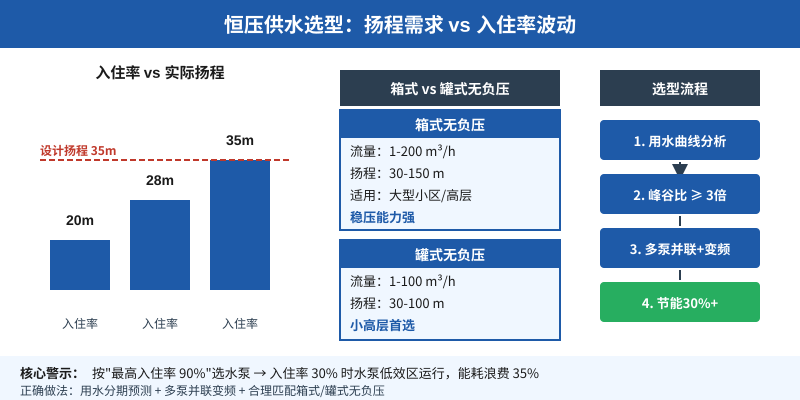 恒压供水扬程选型对比图：入住率波动vs箱式罐式无负压选型