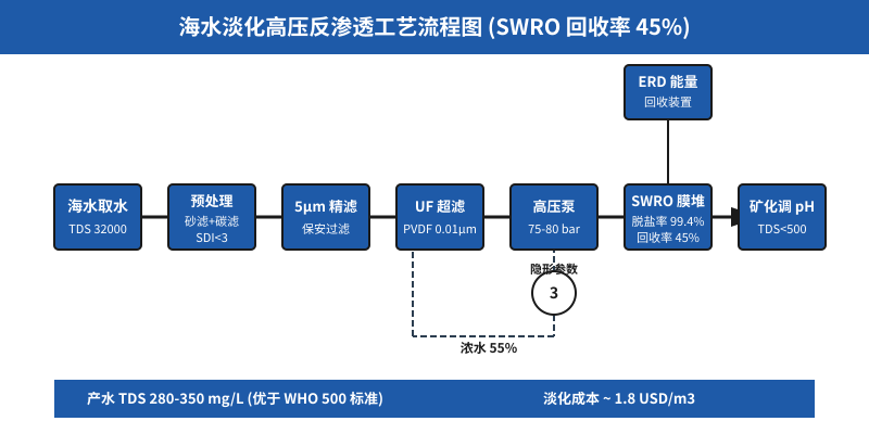 海水淡化高压反渗透工艺流程图 SWRO 回收率45% 能量回收装置
