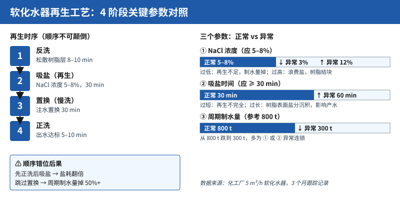 软化水器再生工艺4阶段关键参数对照示意图