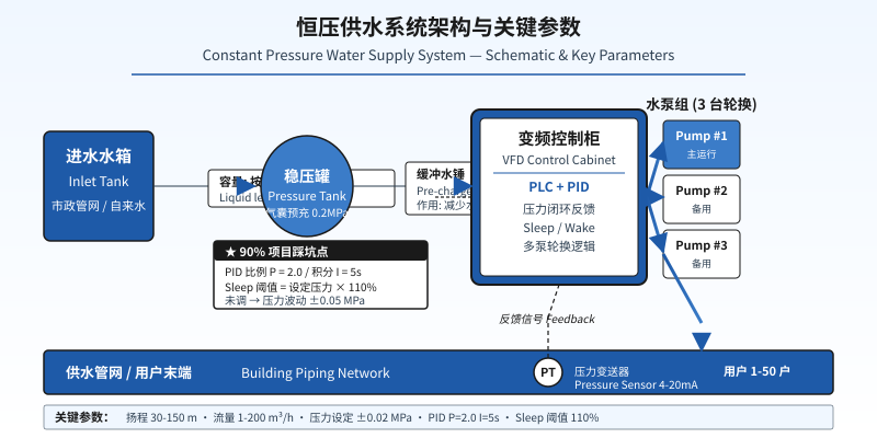 恒压供水系统架构示意图:水箱稳压罐变频控制柜与多台水泵联动供水管网