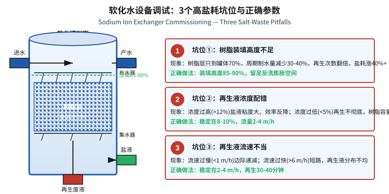 软化水设备调试阶段3个高盐耗坑位与正确参数对照示意图